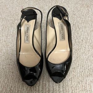 Jimmy Choo patent leather sling back peep toe pumps